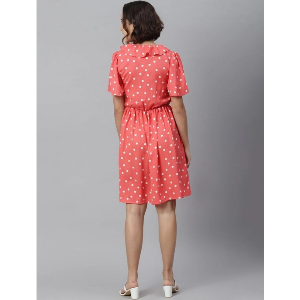 Coral polyester polka flutter dress for women, vibrant pattern with v-neck and above knee length