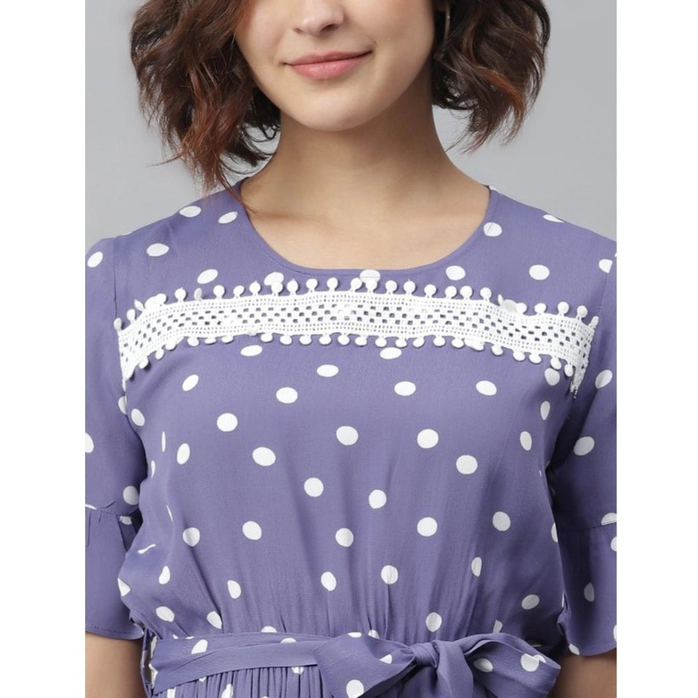 Lavender polyester polka bell sleeve dress with round neck, above knee length for women's fashion