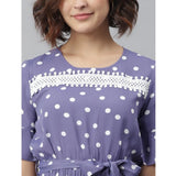 Lavender polyester polka bell sleeve dress with round neck, above knee length for women's fashion