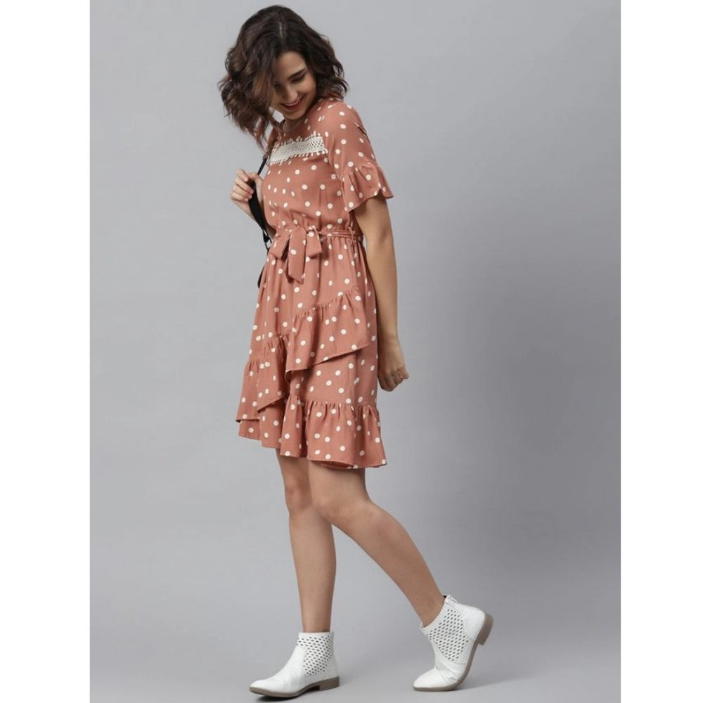 Brown polyester polka bell sleeve dress, fashionable above-knee length for women's casual wear