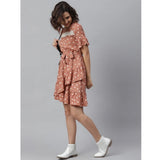 Brown polyester polka bell sleeve dress, fashionable above-knee length for women's casual wear