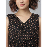 Black polyester peplum sleeveless above-knee dress on mannequin