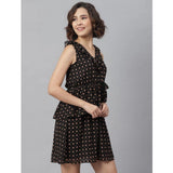 Black polyester peplum sleeveless dress for women, above knee length on mannequin