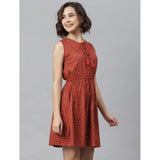 Rust rayon polka sleeveless dress, above knee length for women's fashion