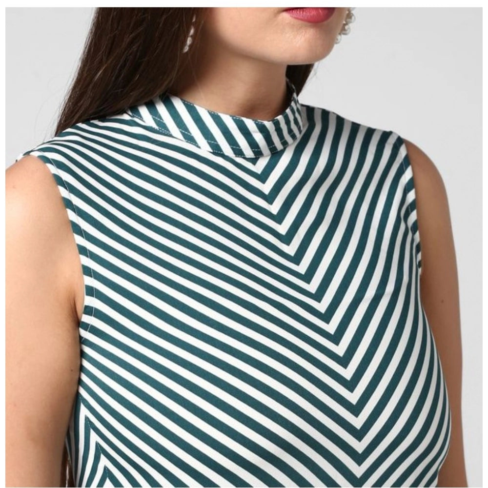 Green polyester striped sleeveless above knee dress for women, mock neck style with vertical pattern detail
