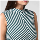 Green polyester striped sleeveless above knee dress for women, mock neck style with vertical pattern detail