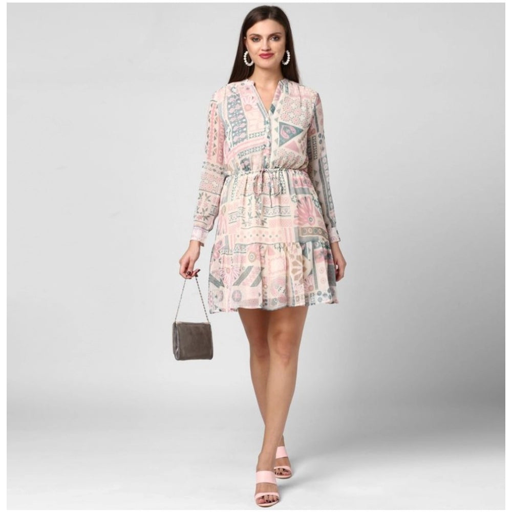 Light Pink & Off White polyester printed long sleeves above knee dress for women, vibrant pattern design on a V-neck silhouette