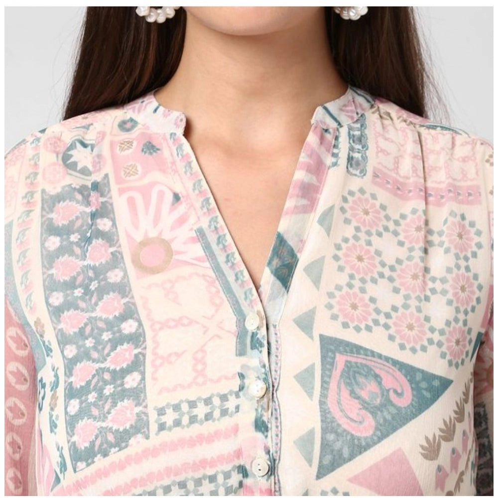Light Pink & Off White polyester printed long sleeves dress, above-knee length with V neck on mannequin