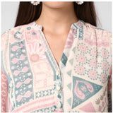 Light Pink & Off White polyester printed long sleeves dress, above-knee length with V neck on mannequin