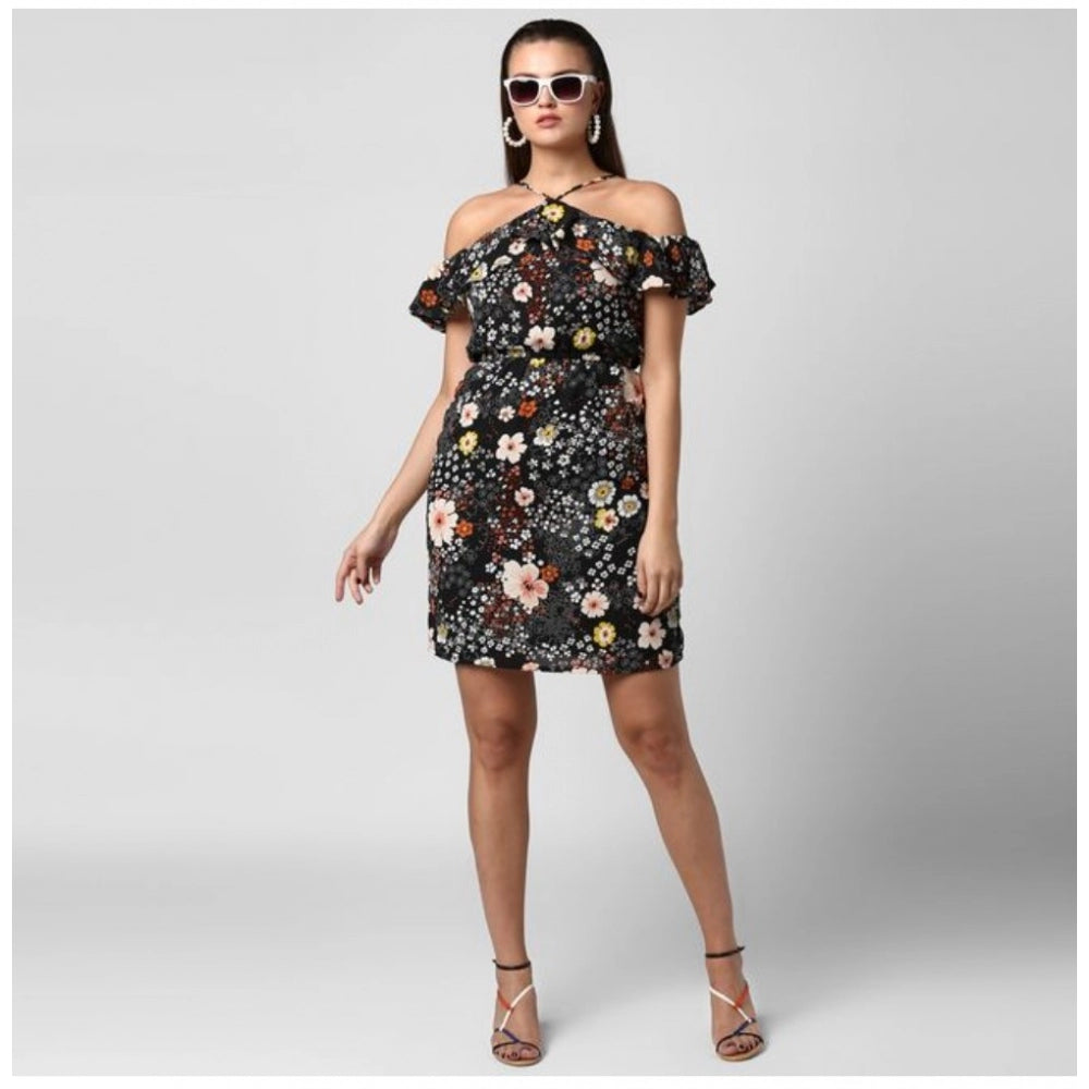 Black polyester floral cold shoulder dress with halter neck, above knee length