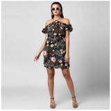 Black polyester floral cold shoulder dress with halter neck, above knee length