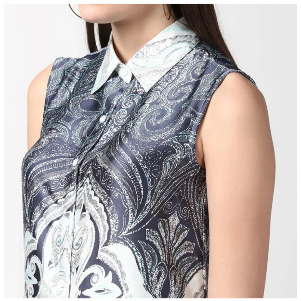 Blue polyester printed sleeveless above-knee dress for women on mannequin