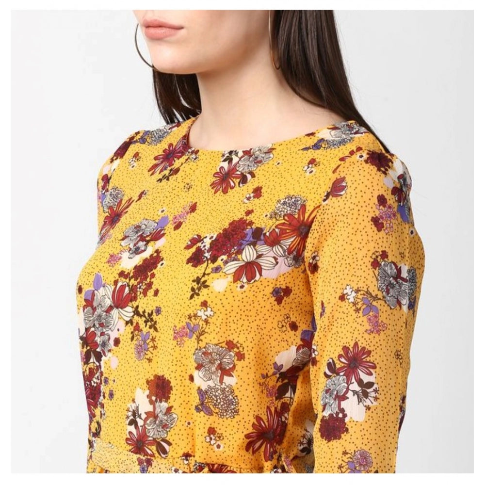 Yellow polyester floral long sleeves calf-length dress for women on mannequin