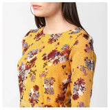 Yellow polyester floral long sleeves calf-length dress for women on mannequin