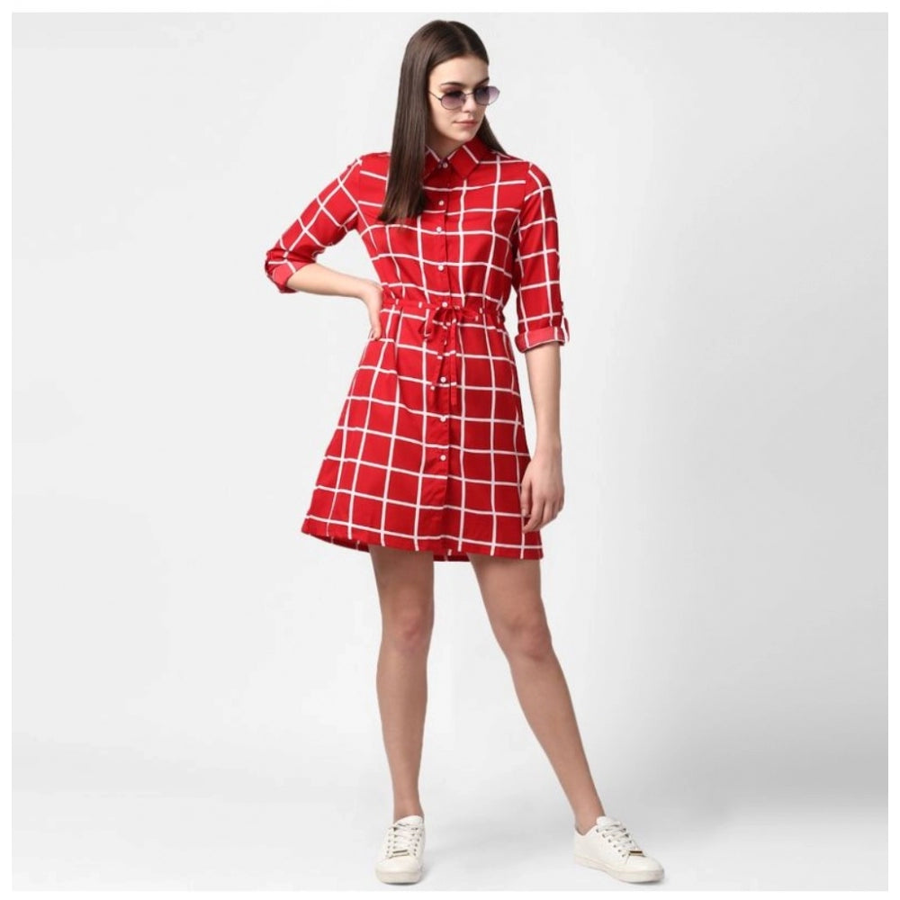 Red polyester checkered long sleeves above knee dress for women