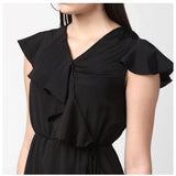 Black polyester ruffled cap sleeve knee-length dress with v-neck, fashionable eveningwear for women