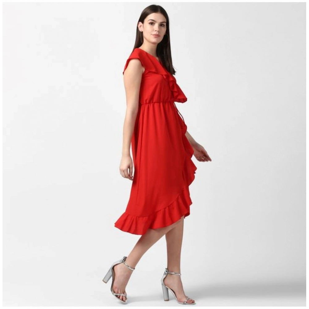 Red polyester ruffled cap sleeve knee-length dress for women