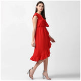 Women's Polyester Ruffled Cap Sleeve Knee-Length Dress (Red)