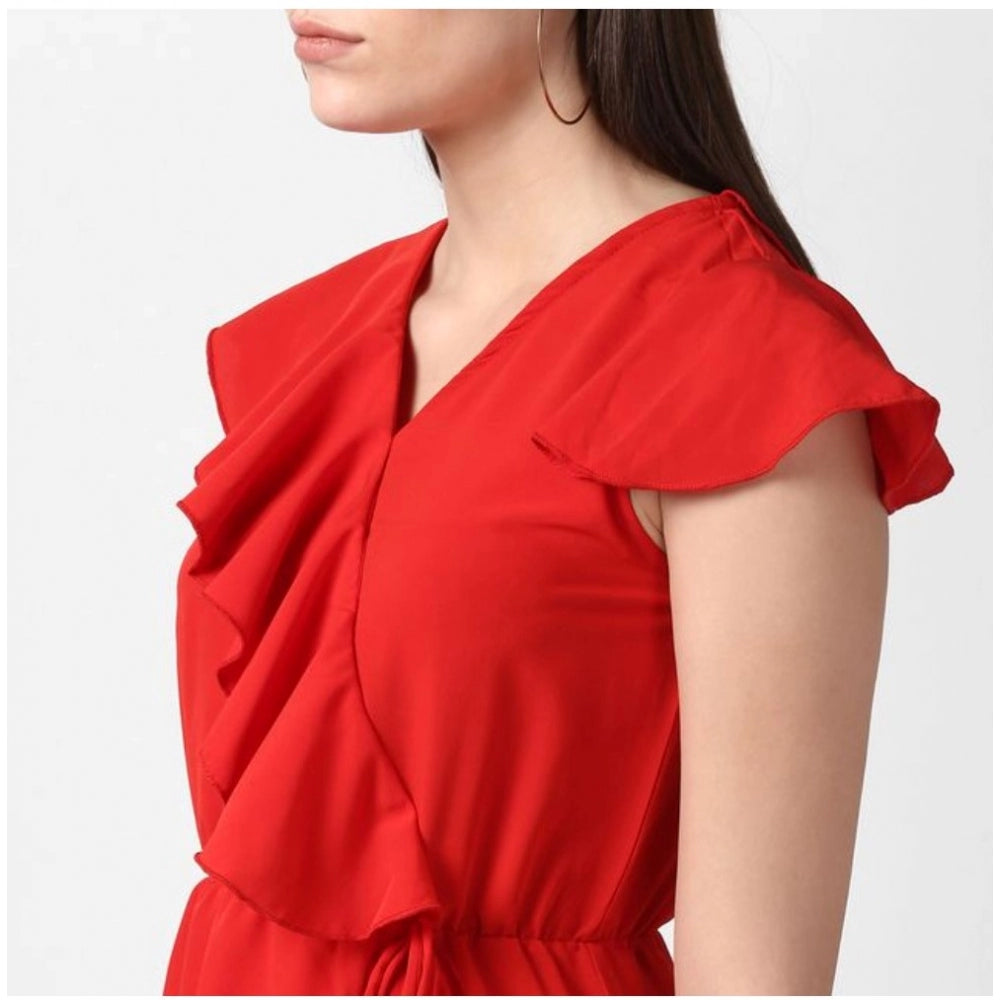 Red polyester ruffled cap sleeve knee-length dress for women