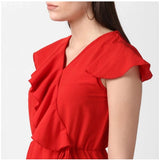 Red polyester ruffled cap sleeve knee-length dress for women