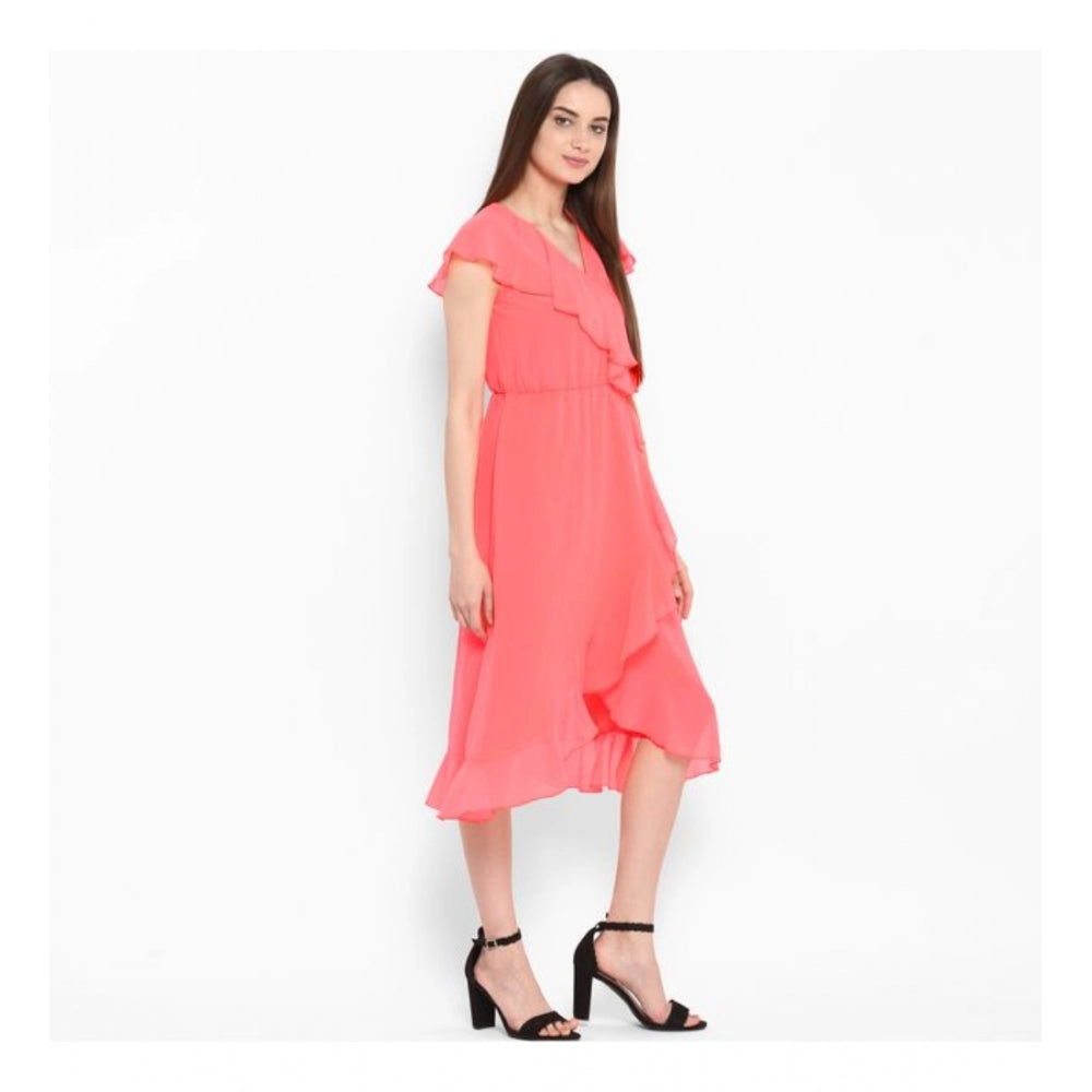 Coral pink polyester ruffled cap sleeve below knee dress for women's fashion