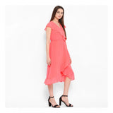 Coral pink polyester ruffled cap sleeve below knee dress for women's fashion