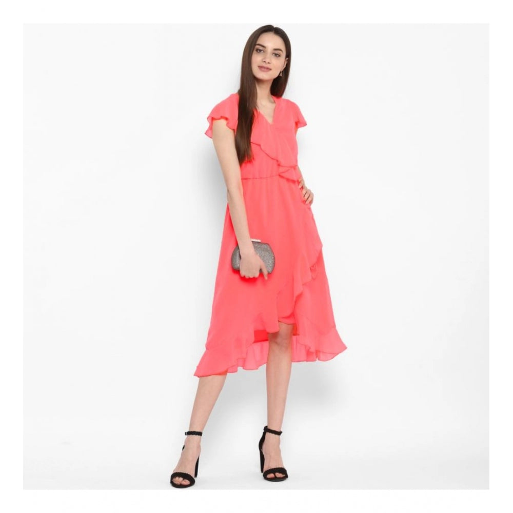 Coral pink polyester ruffled cap sleeve dress for women, vibrant design below the knee