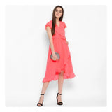 Coral pink polyester ruffled cap sleeve dress for women, vibrant design below the knee