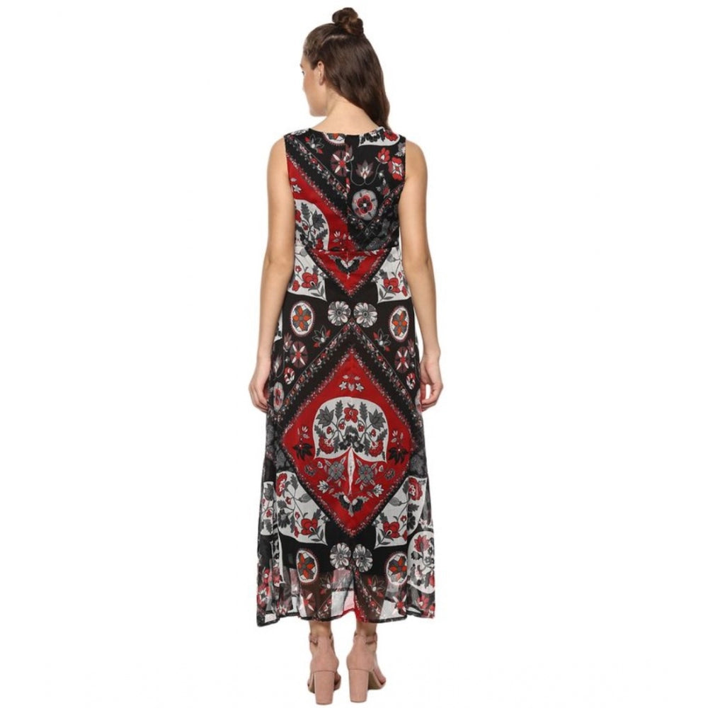 Red & black printed polyester sleeveless dress for women