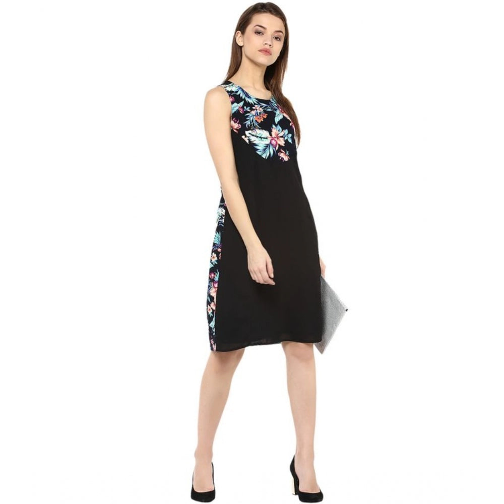 Black & multicolor printed polyester sleeveless above knee dress for women