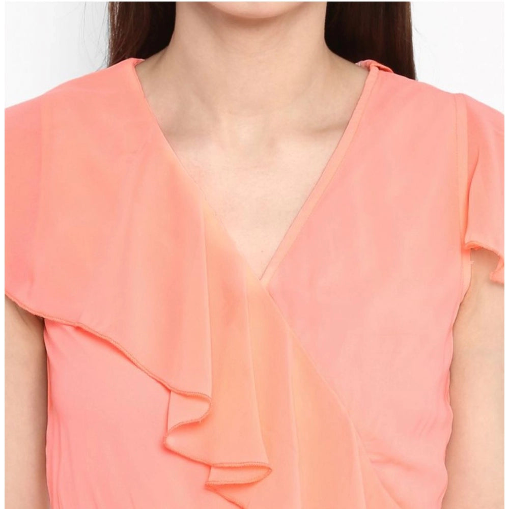 Neon pink polyester ruffled cap sleeve dress for women, below knee length