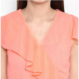 Neon pink polyester ruffled cap sleeve dress for women, below knee length