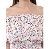 Multicolor Rayon floral half-sleeve dress with off-shoulder neckline, ideal for casual occasions