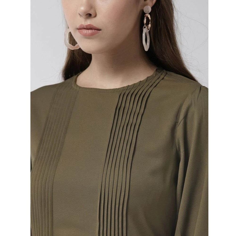 Olive polyester pintuck long sleeves below knee dress for women, high-quality fashion wear with round neckline and detailed stitching