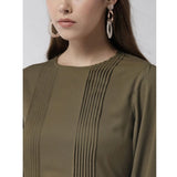 Olive polyester pintuck long sleeves below knee dress for women, high-quality fashion wear with round neckline and detailed stitching