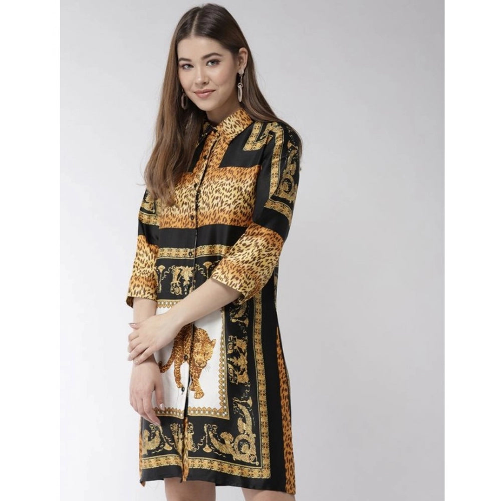White & Orange satin animal print dress with 3/4th sleeves, above-knee length