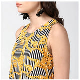 Women's polyester chain print sleeveless yellow-black dress, below knee length on mannequin