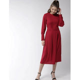 Red polyester pintuck long sleeves dress with round neck, below knee length