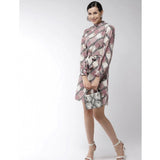 Off White & Lavender polyester checkered long sleeves above-knee dress for women
