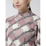 Off-white lavender polyester checkered long sleeve dress with mock neck, above knee length - fashionable women's casual wear