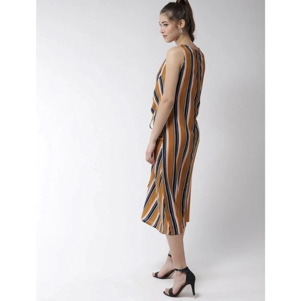 Mustard polyester striped sleeveless below knee dress for women on clothing rack