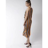 Mustard polyester striped sleeveless below knee dress for women on clothing rack