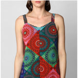 Multicolor polyester asymmetrical shoulder straps knee-length dress with round neck