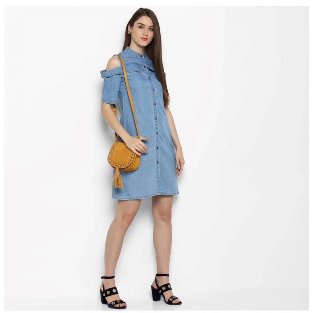 Blue denim cold shoulder above-knee dress with solid pattern