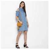 Blue denim cold shoulder above-knee dress with solid pattern