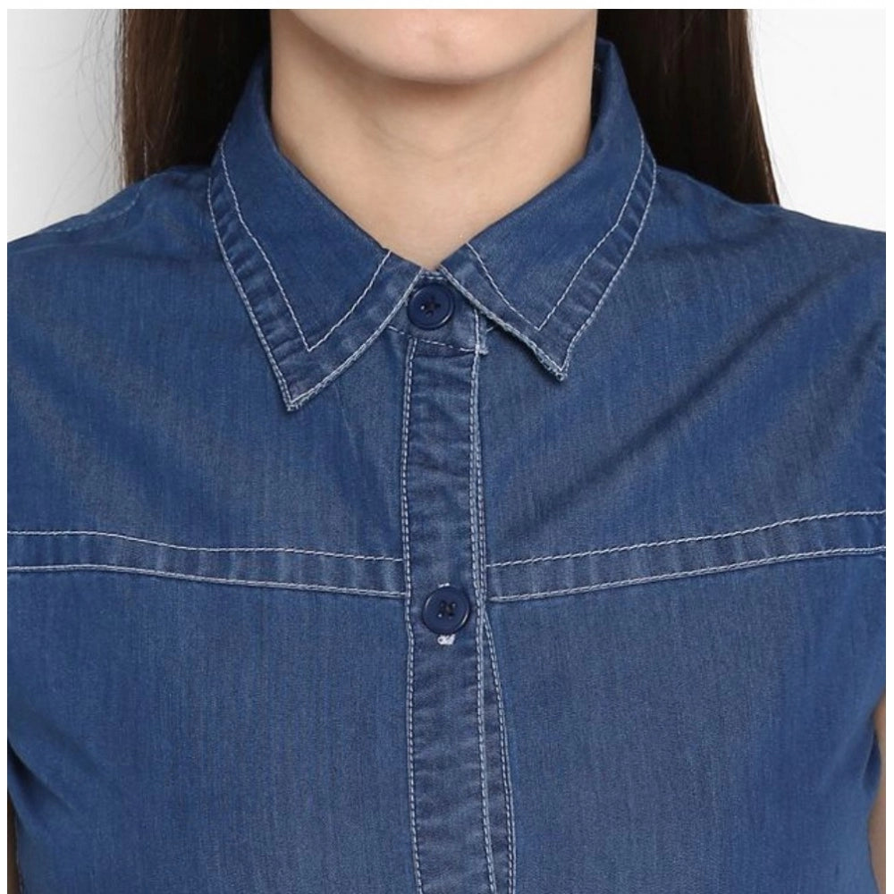 Blue denim solid sleeveless above knee dress for women, casual summer style