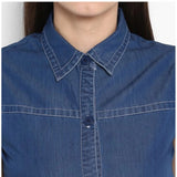 Women's Denim Solid Sleeveless Above Knee Dress (Blue)