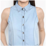 Blue denim solid sleeveless below-knee dress for women on mannequin