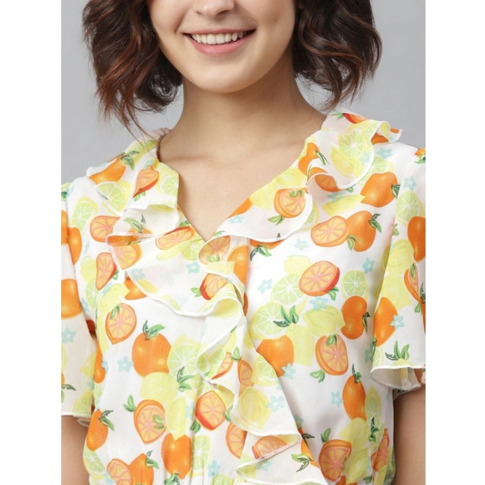Yellow-Orange polyester printed flutter dress for women, vibrant colors showcasing a lively print design
