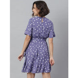 Lavender polyester polka bell sleeve dress for women, above knee length with round neck, detailed view showcasing bell sleeves